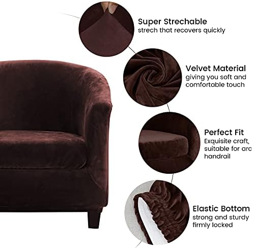 MIFXIN 2 Pieces Velvet Tub Chair Covers with Cushion Cover Stretch Soft Removable Tub Chair Slipcovers Armchair Sofa Couch Furniture Protector for Living Room Club Bar Counter Hotel (Brown)