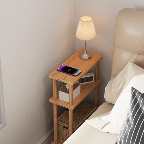 Apicizon Small Narrow Side Table, 3-Tier Skinny End Table, Natural