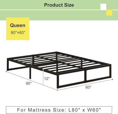EMODA 12 Inch Queen Bed Frame No Box Spring Needed Heavy Duty Metal Platform BedFrame Queen Size with Steel Slats, Easy Assembly, Black