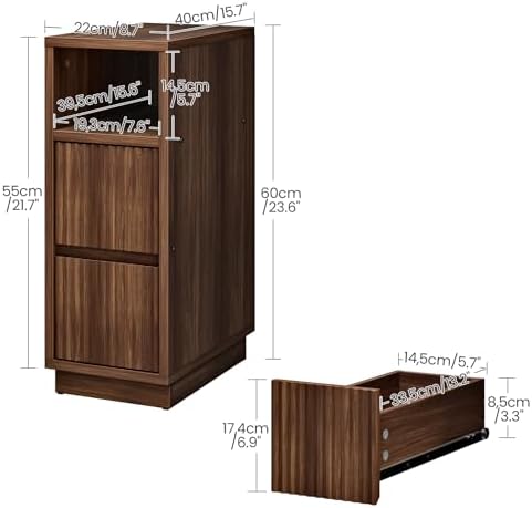 CHOEZON 8.7" Narrow Fluted Nightstand, Small Bedside Table with Drawers, Skinny Side Table, Modern Nightstand with 1 Semi-Open Shelf, Floating End Table, for Living Room, Bedroom, Walnut MBZ12HT