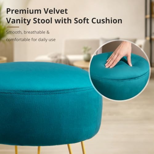 LUE BONA Vanity Stool, Teal Vanity Stools for Makeup Room, Round Ottoman Foot Stool, Velvet Footrest Vanity Chair for Bathroom Vanity, Bedroom, Living Room, Entryway, Offices, 300lbs