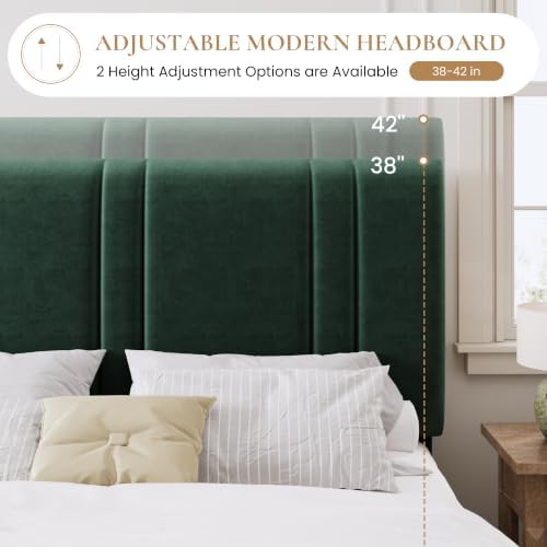 SHA CERLIN California King Size Bed Frame with Adjustable Headboard, Green