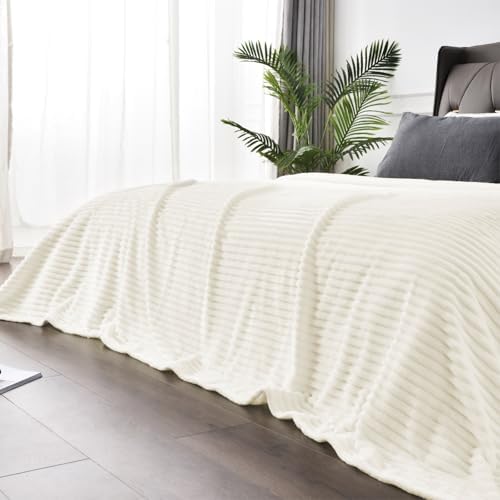 BEDELITE Ribbed Jacquard Cream Fleece Throw Blanket for Couch, 50x60 Inch