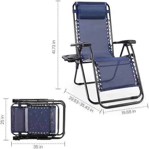 Sweetcrispy Zero Gravity Chairs, Set of 2 Portable Recliner Beach Camping Patio Outdoor Folding Lounge Chair with Cup Holder Trays and Adjustable Pillow for Poolside, Garden, Backyard, Lawn, Blue
