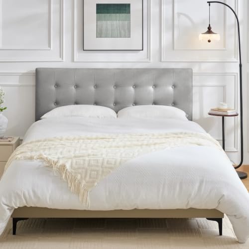 Linen Tufted Headboard Queen Size, Solid Wood Queen Headboard Only, Grey