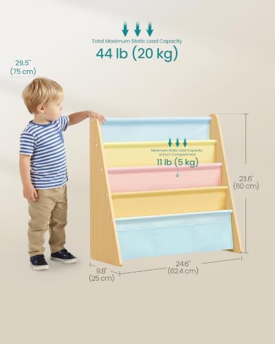 SONGMICS Kids Bookshelf, 4-Tier Sling Bookcase, 24.6 x 9.8 x 23.6 Inch