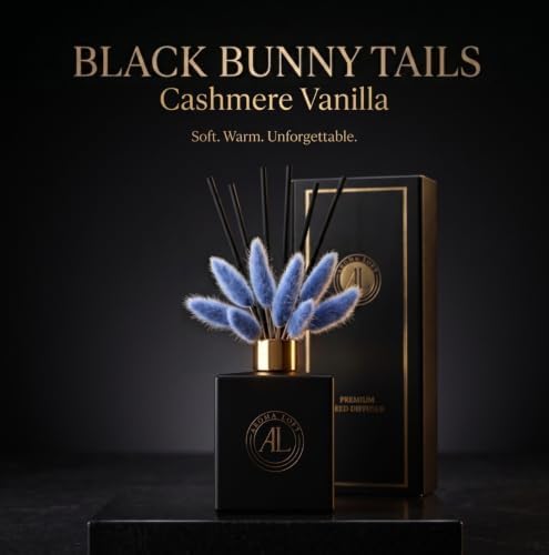 Black Reed Diffuser Sticks in Oil Set with Cashmere Vanilla Scent | Long-Lasting Reed Diffusers for Home, Office & Bedroom Decor Fragrance Diffuser | BunnyTail Blue Dried Flowers | (5 oz)