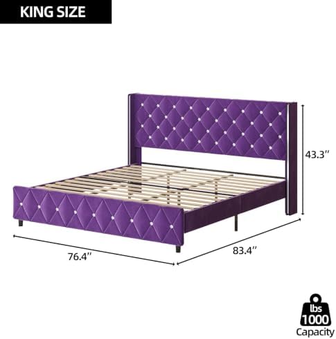HOMBCK King Bed Frame with Velvet Headboard, Silverside Wingback, Purple