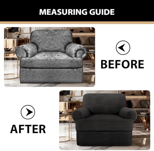 Sofa Cover 2 Pieces T Cushion Chair Covers with Arms Super Stretch Chair Slipcover for Living Room,Slip Cover Anti Slip Armchair Furniture Protector Pet Universal(Black, 1 Cushion)
