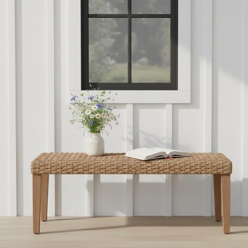 Outdoor Rattan Backless Bench with PE Wicker & Acacia Wood Frame, Natural