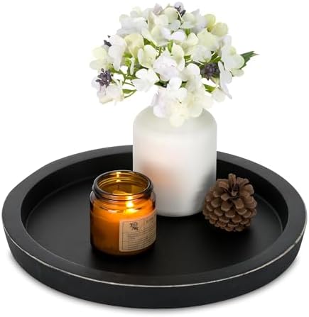 Hanobe Wooden Tray for Coffee Table: Candle Holder Plate Black Round Decorative Serving Tray - Vintage Table Centerpiece Rustic Farmhouse Home Decor