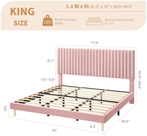 GAOMON King Bed Frame with Adjustable Headboard, Velvet Upholstered Platform King Size Bed Frame, Vertical Channel Tufted, Strong Wooden Slats, No Box Spring Needed, Easy Assembly, Pink