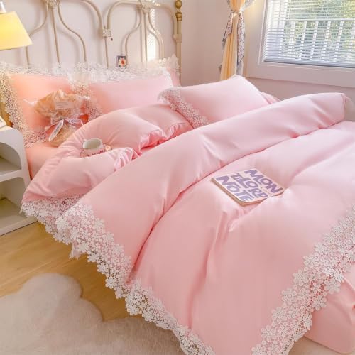 IHOUSTRIY Lace Duvet Cover Twin Size, Chic Ruffle Beddding Set, 2 Pieces Comforter Cover Set with Zipper Closure, Girl Bedding with Pillowcase