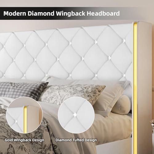 HOMBCK King Bed Frame with Leather Headboard, Goldside Wingback, White