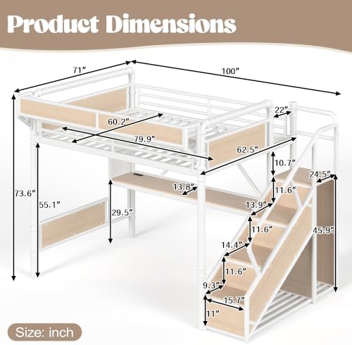 Bellemave Queen Metal Loft Bed with Stairs and Desk for Kids,Adults,White
