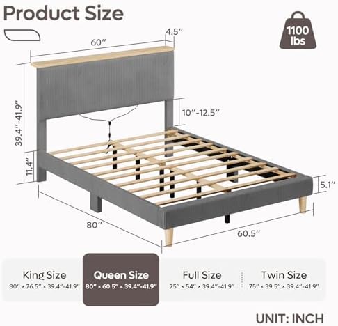 Bestier Queen Size Bed Frame with Headboard Shelf & LED, Upholstered, Grey