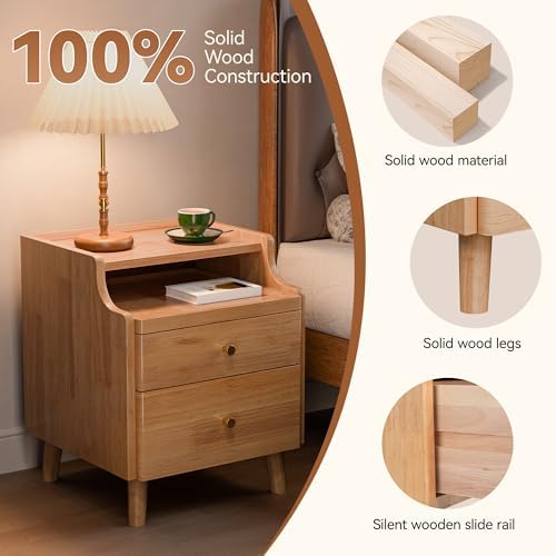 Nightstand with Drawers, Pre-Assembled, 19.7" H Natural Solid Wood Night Stand with Open Sliding Shelf, Mid Century Modern Small Bedside Table Cabinet for Bedroom, Natural Oak 16"