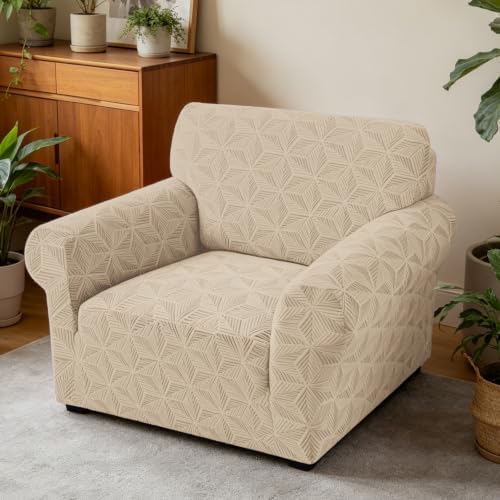ZNSAYOTX Stretch Chair Cover, 1 Piece Couch Covers for 1 Seat Sofa, Jacquard Armchair Slipcovers with Elastic Bottom Thickened Furniture Protector for Dog Cat Pet (Small, Khaki)