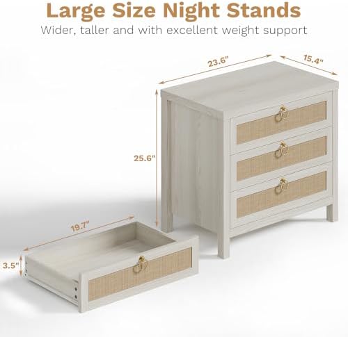 Eclatara Large Rattan Night Stand Set of 2 Boho Nightstand with 3 Drawers