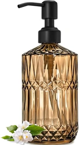 JASAI 18Oz Amber Glass Soap Dispenser with Black Pump for Bathroom.