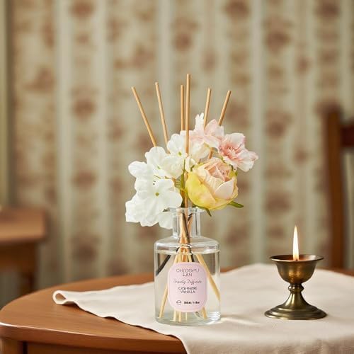 Chloefu Lan Cashmere Vanilla Reéd Diffuser Set with Flowers Reéd Diffuser Sticks, 6.7oz Scent Fragrance Essential Oil Diffuser for Bedroom Bathroom Home Décor Shelf Decor