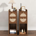 Narrow Nightstand Set of 2 (Rattan & Wood) - Small Bedside Table with 2 Drawers, Open Shelf, Mid Century Modern End Table - for Bedroom, Living Room & Small Spaces, Walnut