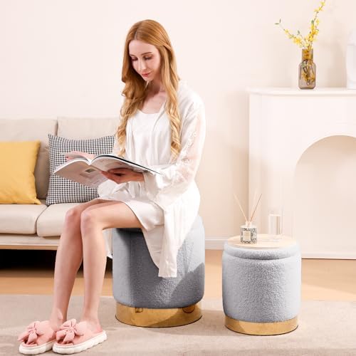 YYW HOME Round Ottoman with Storage Set of 2 Gray Sherpa Vanity Stool