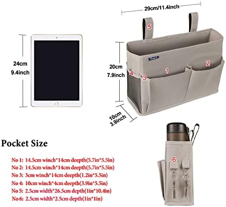 Surblue Bedside Caddy Hanging Bed Organizer Storage Bag Pocket for Bunk and Hospital Beds, College Dorm Rooms Baby Bed Rails,Camp 4 Pockets and 2 Hooks (Gray)