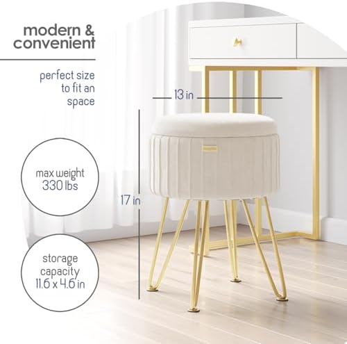 Round Ottoman with Storage, Pleated Velvet Storage Ottoman, Foot Stool Ottomans, Makeup Vanity Stool, Small Ottomans Foot Rest, Modern Vanity Stools for Living Room and Bedroom, Cream