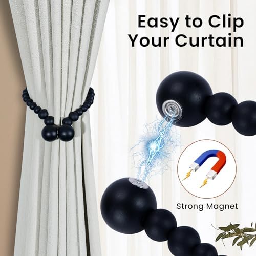 KLOGTSIND Magnetic Curtain Tiebacks, 6 Pack Wood Bead Curtain Holdbacks