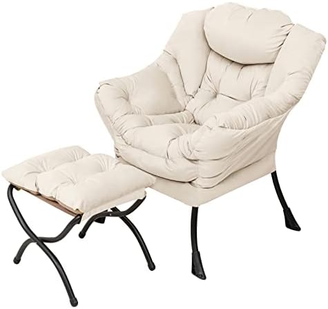 Welnow Lazy Chair with Ottoman, Reading Chair with Footrest, Off‑White