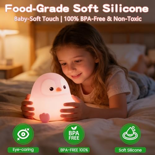 FAMIDUO Penguin Night Light,Pink Penguin Lamp,Soft Silicone Nursery Light