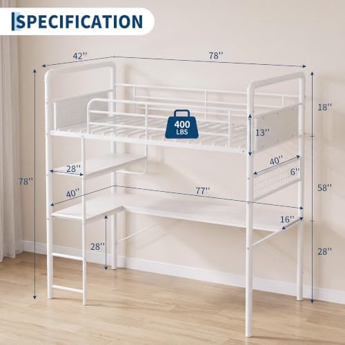 GarveeHome Loft Bunk Bed with L-Shaped Desk, Industrial Twin Loft Bed,White