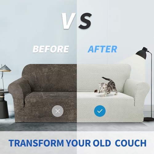 ZNSAYOTX 1 Piece Jacquard Couch Covers for 2 Cushion Couch High Stretch Loveseat Slipcover for Pets Dogs Anti Slip Love Seat Sofa Slipcover Furniture Protector (Medium, Ivory)