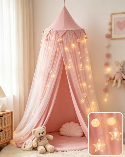 Princess Bed Canopy for Girls with Star Lights