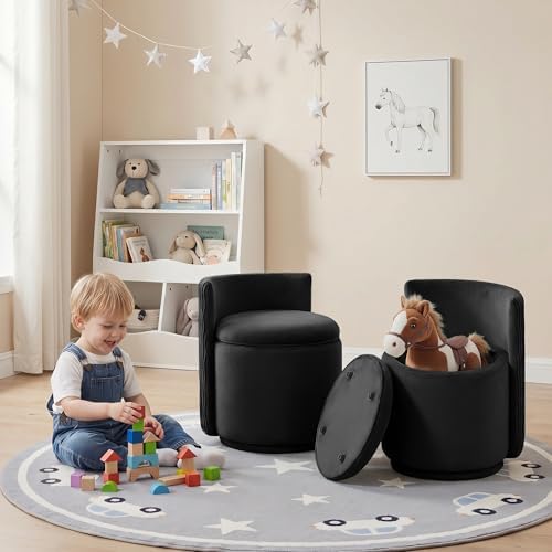 HUBSON Vanity Chair with Storage, Swivel Velvet Chairs with Back, Modern Round Accent Makeup Chair, No Assembly Vanity Stool for Living Room, Bedroom, Dressing, Black