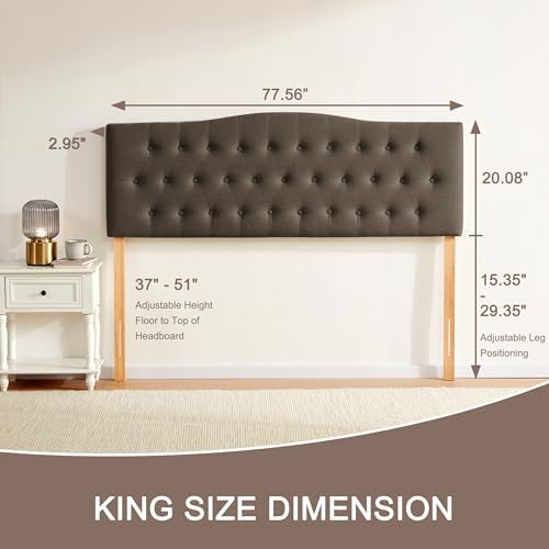 Tufted Headboard King Size, Solid Wood Adjustable Height Head Board, Brown