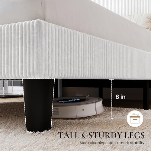 SHA CERLIN Queen Corduroy Platform Bed with Tufted Wingback Headboard/White