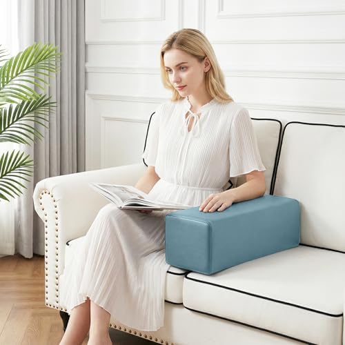 2 Pack Couch Arm Rest Pillow, 6''x6''x20'' Faux Leather Waterproof Cover, High Density Foam Armrest Cushion, Removable & Washable Elbow Support for Sofa, Bed, and Armchair (Blue)