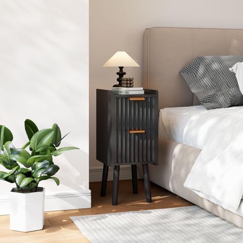 IBUYKE Narrow Nightstand,Slim Bedside Table with 2 Drawer,Black UWNS015B