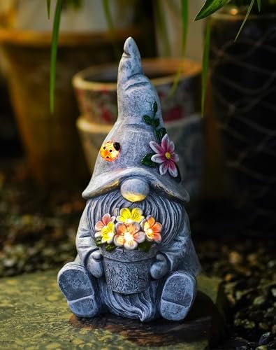 Goodeco Solar Sitting Gnome with LED Flower Light Garden Decor