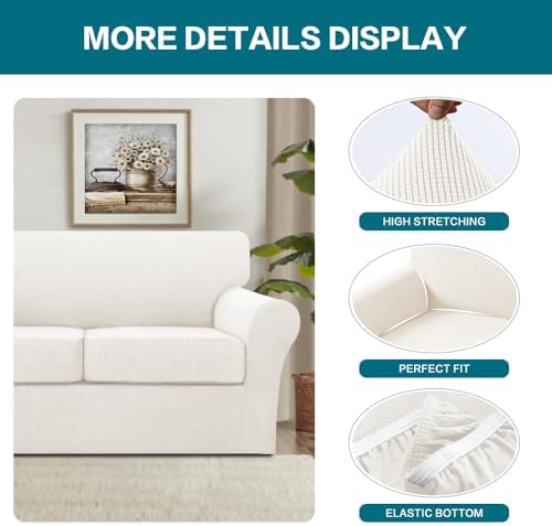 Turquoize 3 Piece Sofa Covers for 2 Cushion Couch Sofa Slipcover Soft Couch Cover for Dogs-Washable Sofa Furniture Cover with 2 Individual Cushion Covers (2 Cushion Sofa, Porcelain White)