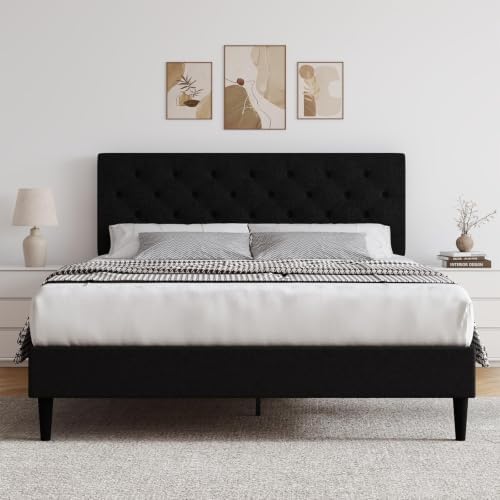 HOMBCK Queen Bed Frame with Adjustable Headboard, Black