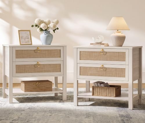 SICOTAS White Rattan Nightstand Set of 2, Wide Bedside Table with 2 Drawers