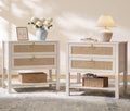 SICOTAS White Rattan Nightstand Set of 2, Wide Bedside Table with 2 Drawers