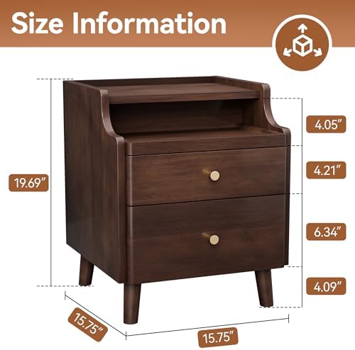 Nightstand with Drawers, Pre-Assembled, 19.7" H Natural Solid Wood Night Stand with Open Sliding Shelf, Mid Century Modern Small Bedside Table Cabinet for Bedroom, Black Walnut 16"