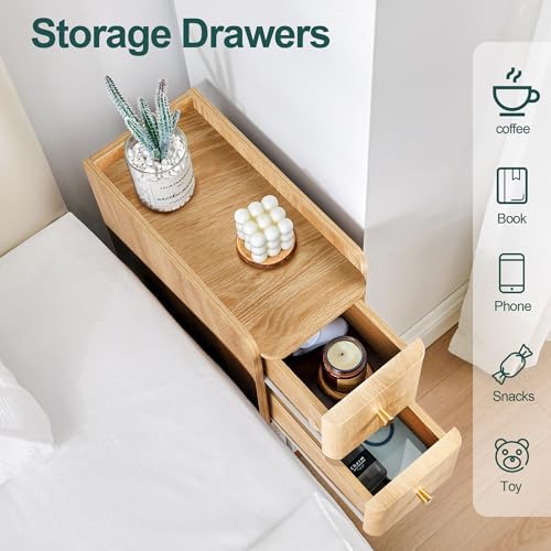 Narrow Nightstand Set of 2, Wooden Small 2 Drawer Nightstand, Slim Side End Table, Skinny Bedside Table, Mid Century Modern Night Stand with Drawers for Bedroom (Natural 2-2 pcs)
