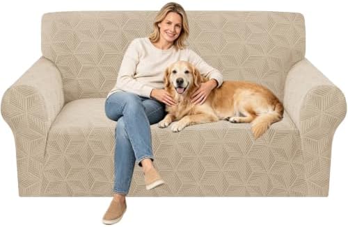 ZNSAYOTX Stretch Couch Cover, 1 Piece Sofa Covers for 2 Cushion Couch, Jacquard Loveseat Slipcovers with Elastic Bottom Thickened Furniture Protector for Dog Cat Pet (Medium, Khaki)
