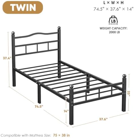 14 Inch Twin Bed Frame with Headboard and Footboard