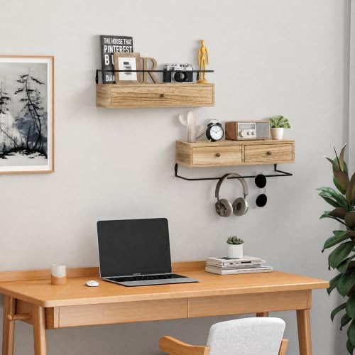 Floating Shelves With Drawers Set of 2, Wall Mounted Storage for Bathroom